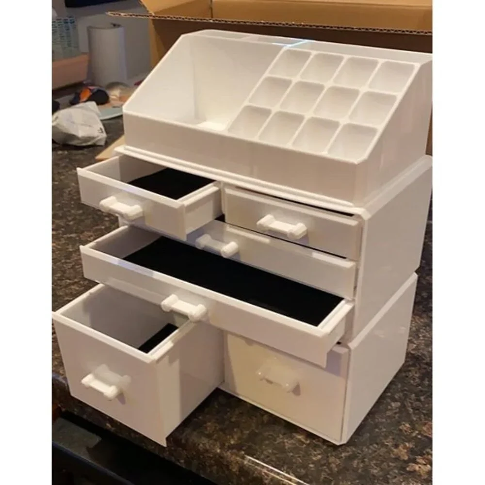 New Makeup Organizer 3 Pieces Cosmetic Storage Case with 6 Drawers (White)